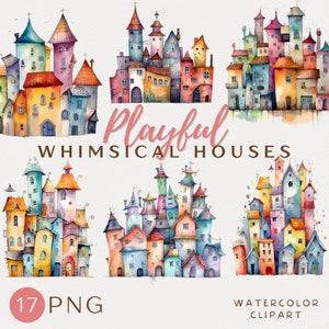 Maison ludique Clipart maison aquarelle Scrapbook maison colorée artisanat numérique Télécharger arc en ciel maison Collection carte Clipart utilisation commerciale