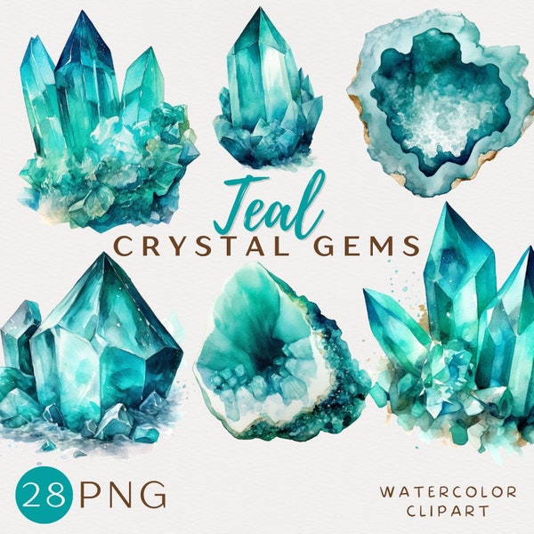 Crystal Gem Watercolor Clipart Teal Gem Digital Art Crystal Gemstone Illustration Clip Art Healing Stone Scrapbook Geode Stickers Commercial