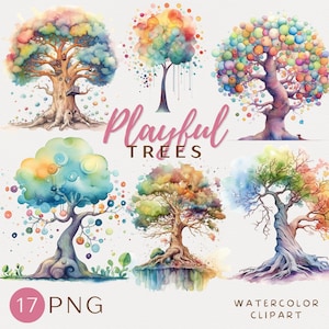 Könnte beinhalten: Ein Set mit 17 Aquarell-Clipart-Bildern von fantasievollen Bäumen mit farbenfrohen Details. Die Bäume sind in verschiedenen Farben gemalt, darunter Blau, Grün, Gelb, Orange und Rot. Die Bäume sind alle einzigartig und haben unterschiedliche Formen und Größen. Der Text "Playful Trees" ist in rosa Buchstaben auf weißem Hintergrund geschrieben.