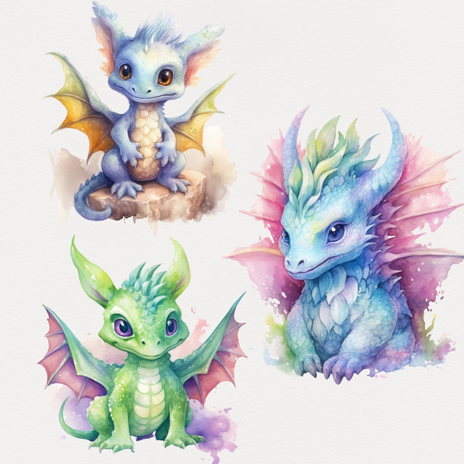 Baby Dragon Watercolor Clipart Cute Dragon Scrapbooking Fantasy ...
