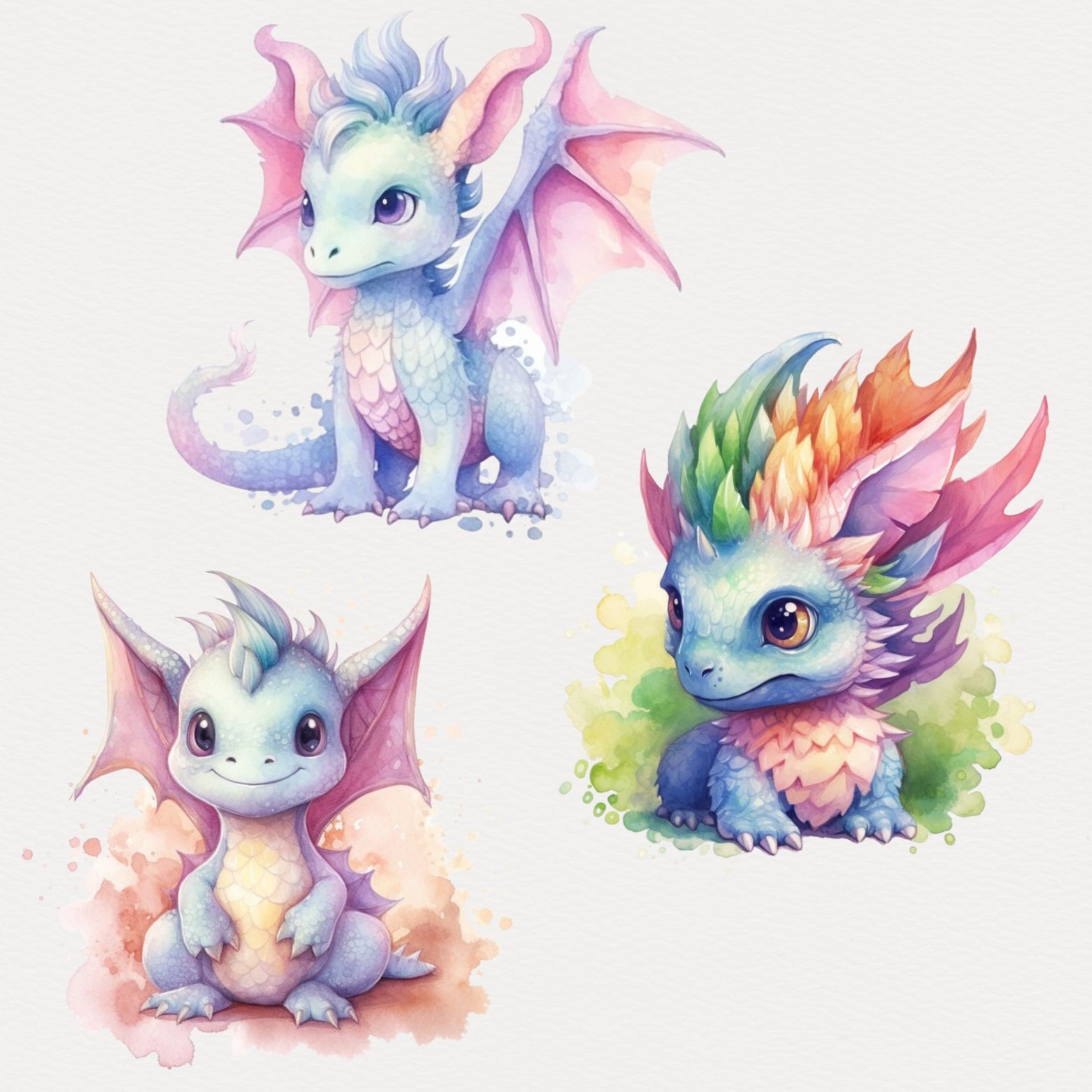 Baby Dragon Watercolor Clipart Cute Dragon Scrapbooking Fantasy ...