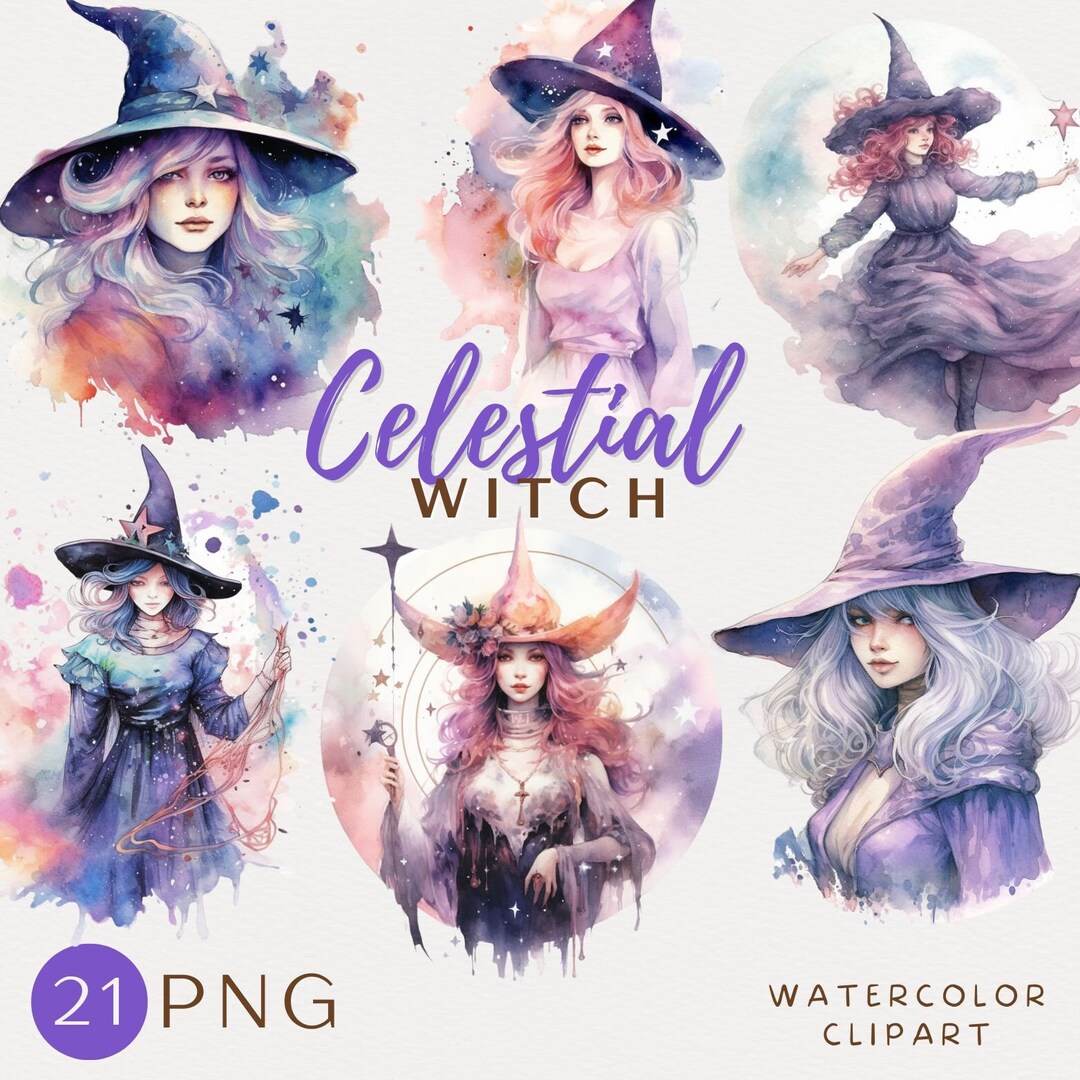 Celestial Witch Watercolor Clipart Magical Scrapbooking Witch ...