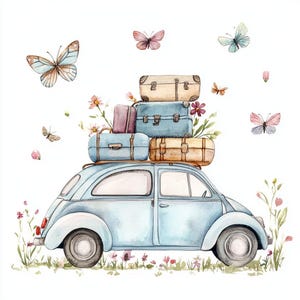 15 Travel Paris, Printable Watercolor Clipart, High Quality JPGs, Digital Download, Paper Craft, Junk Journal, Retro Car Art