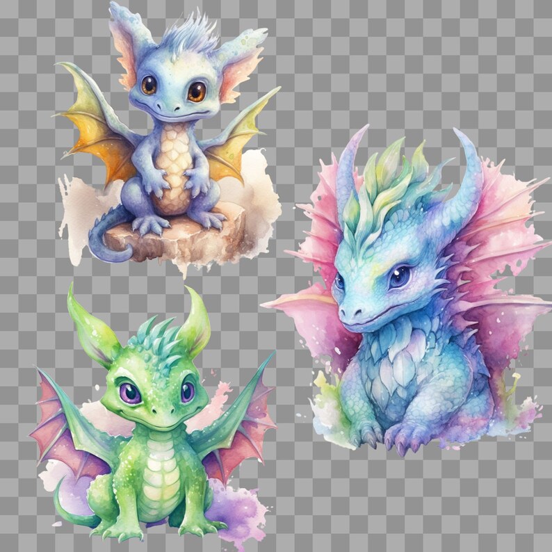 Baby Dragon Watercolor Clipart Cute Dragon Scrapbooking Fantasy ...