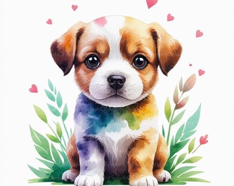 May include: A watercolor painting of a brown and white puppy with rainbow-colored spots. The puppy is sitting on a bed of green leaves and flowers. There are pink hearts scattered around the puppy.