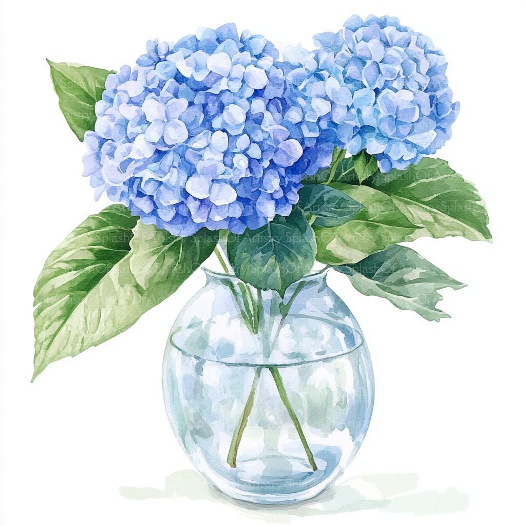 12 Blue Hydrangea in Vase, Printable Watercolor Clipart, High Quality JPGs, Digital Download, Paper Craft, Junk Journal Art