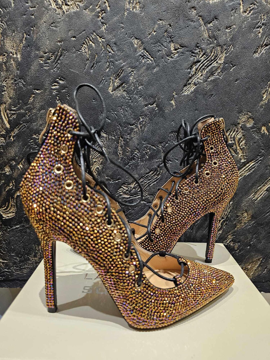 Sparkly Apricot Rhinestones Lace High Heels