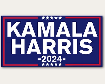 Könnte beinhalten: Ein blaues und rotes politisches Wahlkampfplakat mit weißem Text, der "KAMALA HARRIS -2024- " lautet. Das Plakat hat fünf Sterne über und unter dem Text.