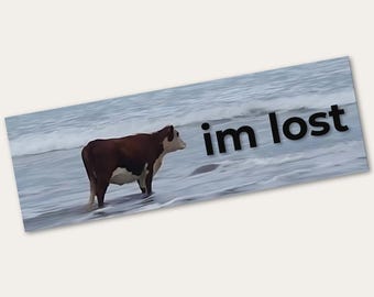 May include: A brown and white cow stands in the ocean waves on a beach. The text "im lost" is written in black letters on the water.