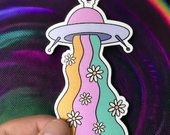 Sticker imperméable OVNI psychédélique, vaisseau spatial extraterrestre, rayon de fleurs