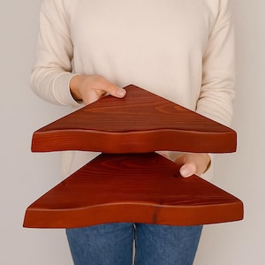 Handmade Walnut Wood Corner Shelf: Carved Floating Mid-Century Modern Design