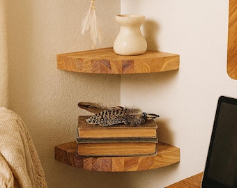 Boho Corner Shelf: Rustic Wood Floating Shelves