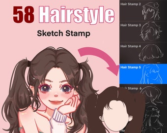 Sellos para el cabello Cepillos para procrear, Cepillos para el cabello Chibi, Sellos para peinados, Sellos para pinceles digitales, Sellos para peinados Procreate, Cabello de dibujos animados