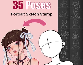 35 Poses Sellos de retrato para Procreate, Chibi Procreate Poses, Sellos de anime, Pinceles guía, Conjunto base de Chibi, Ilustración de pinceles de pose