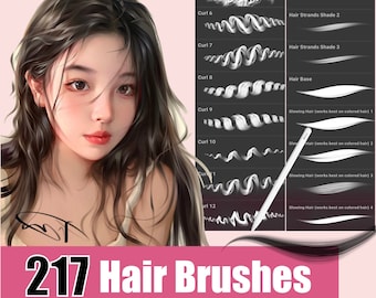 217 cepillos para el cabello Procreate. Cepillos para el cabello rizado, trenzado y rasta para Procreate. Conjunto de pinceles realistas. Nuevos pinceles dibujados a mano.
