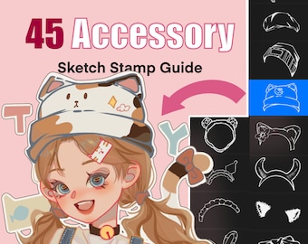 45 sellos de accesorios Chibi para Procreate. Accesorios y gafas adorables de anime para Procreate. Guía de sellos de pincel para bocetos de anime y manga para Procreate.