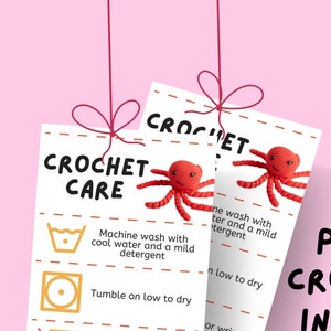 Gehaakte verzorgingskaart knuffel, amigurumi-label, afdrukbaar gehaakt cadeaukaartje, wasinstructie garen, handgemaakte marktvoorbereiding, label knuffeldier