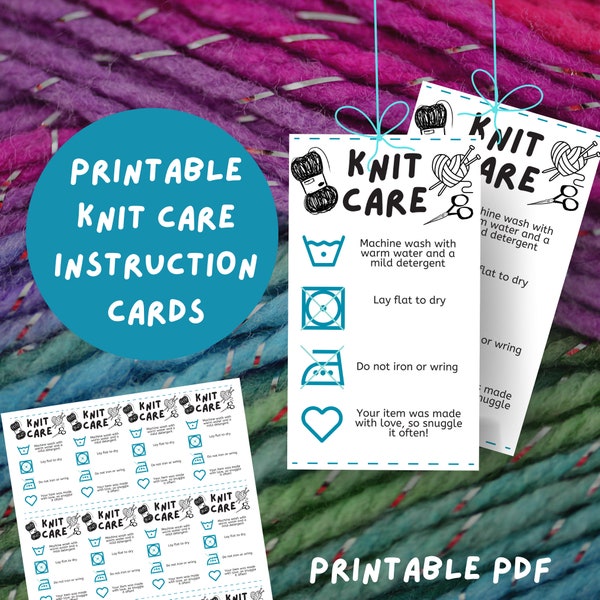 Knit Care Card, Printable Care Instructions, Instant Download, Knitting Washing Instructions, Gift Tags For Knitting, Knitting Pattern