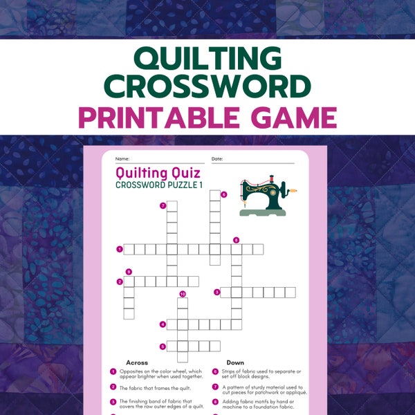 Quilting Crossword Puzzle, Easy Sewing Game, Quilting Printable, Gift for Quilters, Quilt Retreat Activity, quilt guild game