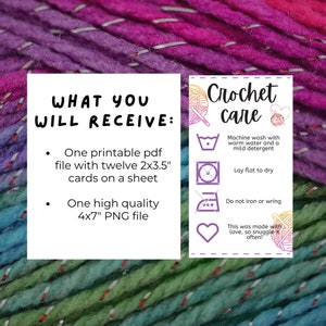 May include: A digital download of a crochet pattern for a colourful crochet project. The image shows a close-up of the crochet project and a white card with instructions for washing and caring for the crochet project. The card includes the text "Crochet care" and instructions for machine washing, laying flat to dry, and not ironing or wringing. The card also includes a heart icon with the text "This was made with love, so snuggle it often!"