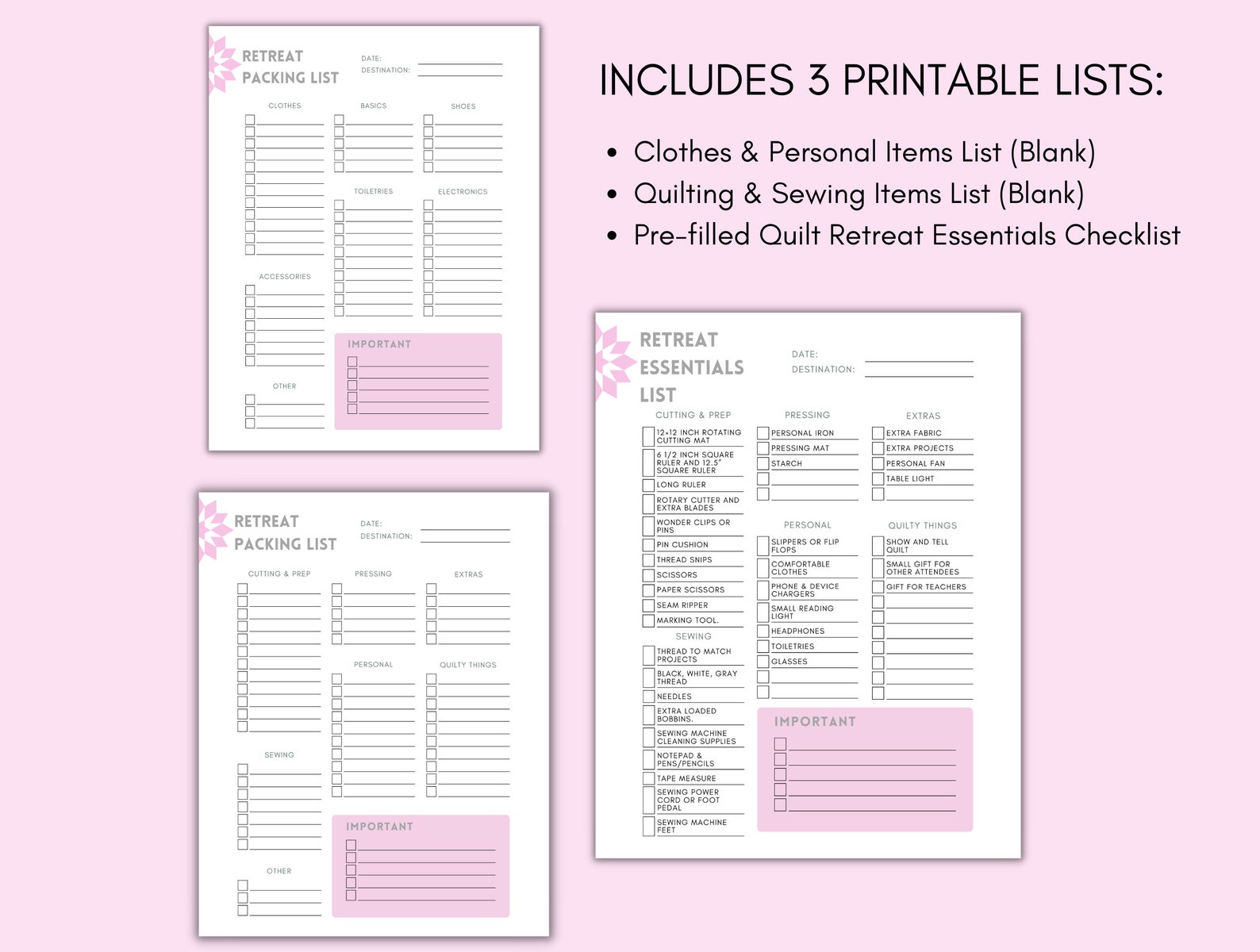 Quilt Retreat Packing Checklist Printable Quilting Organizer, Retreat Planner, Sewing Group