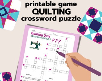May include: A printable quilting crossword puzzle with a pink background and a cartoon sewing machine. The puzzle is titled "Quilting Quiz: Crossword Puzzle 3". The puzzle has 11 across clues and 8 down clues.