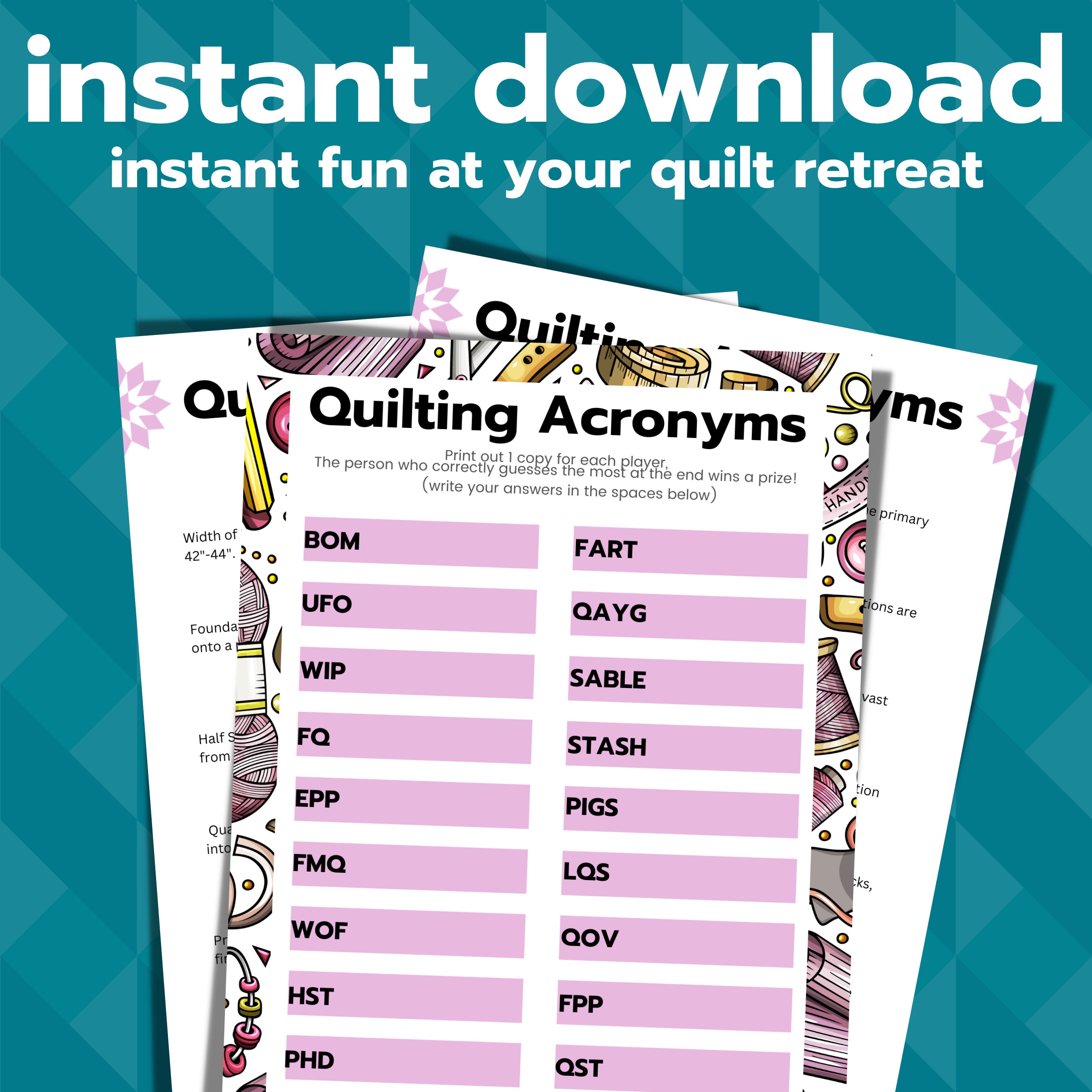 Quilt Retreat Game, Quilting Acronyms, Games for Quilters, Quilt Guild