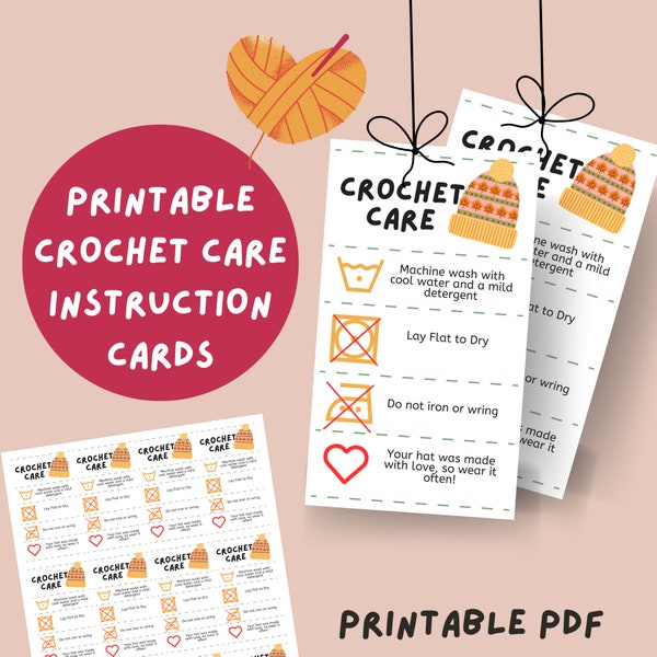 Crochet Care Card, Printable Care Label, Yarn Washing Instructions, Labels For Handmade, Gift Tags For Hat, Crochet Beanie Pattern