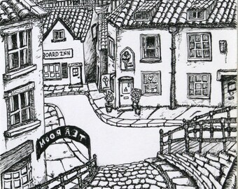 May include: Black and white ink drawing of a cobblestone street in a small town. The street leads up to a bridge with a sign that reads "Tea Room". There are buildings on either side of the street, including a building with a sign that reads "Board Inn".