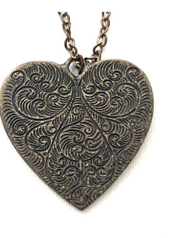 Vintage etched  heart necklace, artisan jewelry, … - image 1