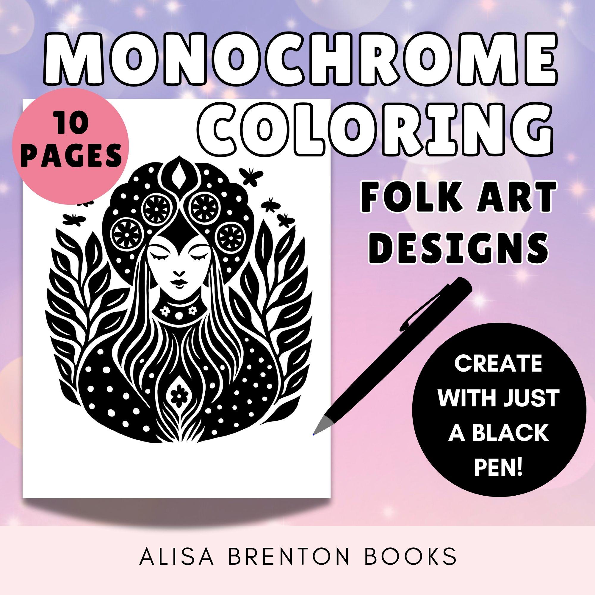 Páginas de colorir arte folk em monocromia | 10 designs por números com caneta preta | PDF para imprimir