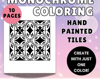Hand-Painted Tile Coloring Pages: Monochrome Art, Blue & Black Pen (PDF Download)