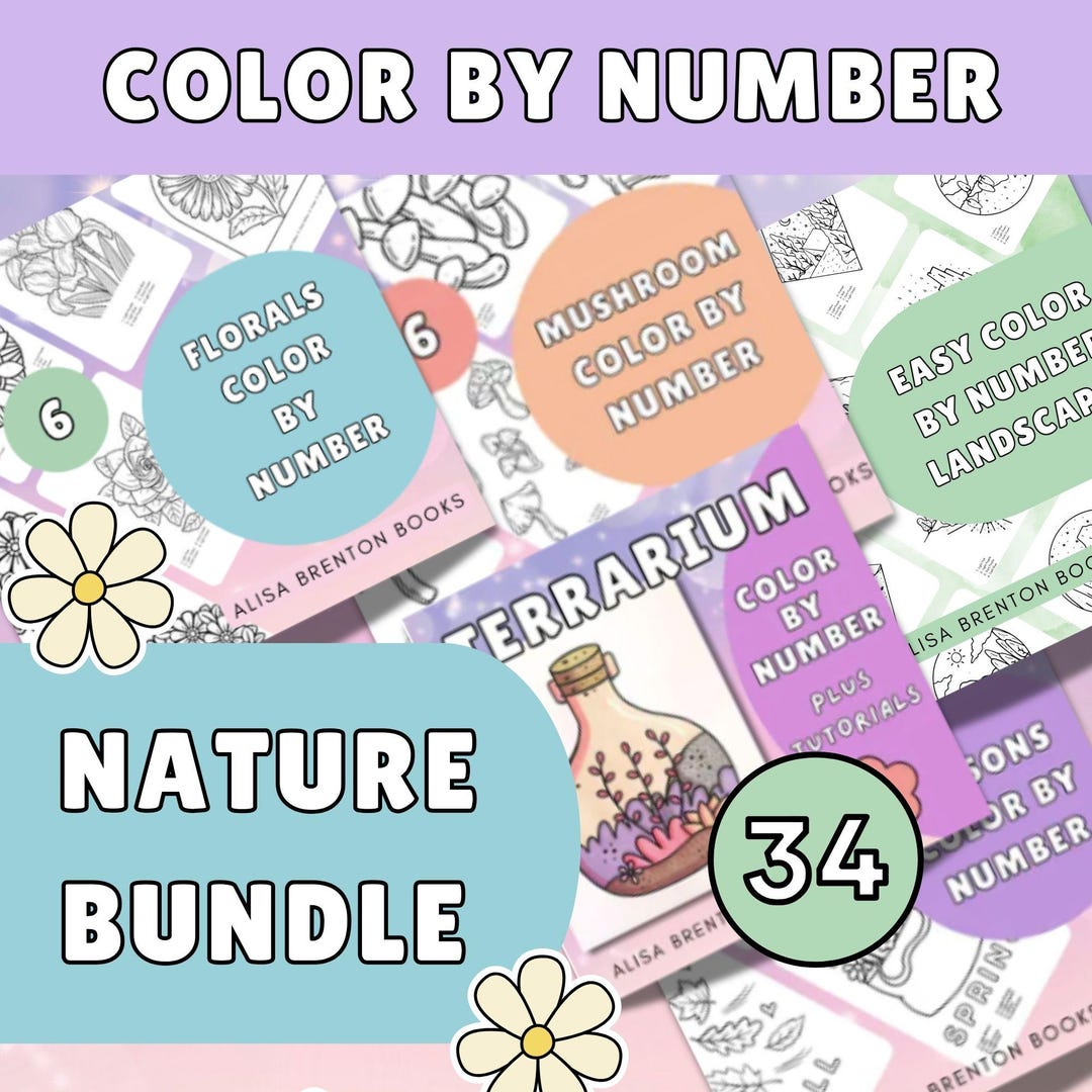 Nature Color by Number Bundle: 34 Printable Pages, Florals, Landscapes ...