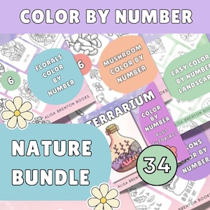 May include: A collection of "Color by Number" books featuring nature themes. The books include "Florals," "Mushroom," and "Terrarium" designs, with the text "Nature Bundle" and the number "34" prominently displayed. The books are by Alisa Brenton Books.