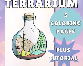 Puede incluir: Portada de un libro para colorear sobre terrarios. Ilustración dibujada a mano de un terrario en botella de vidrio con plantas y un tapón de corcho. El texto incluye "Terrarium", "5 páginas para colorear más tutorial".