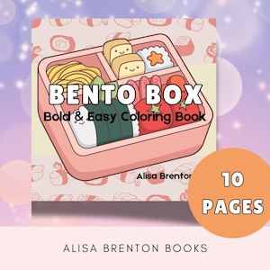 May include: A pink and white bento box colouring book with a cartoon illustration of a bento box filled with food. The title of the book is "Bento Box Bold & Easy Colouring Book" and the author is "Alisa Brentor". The book has 10 pages.