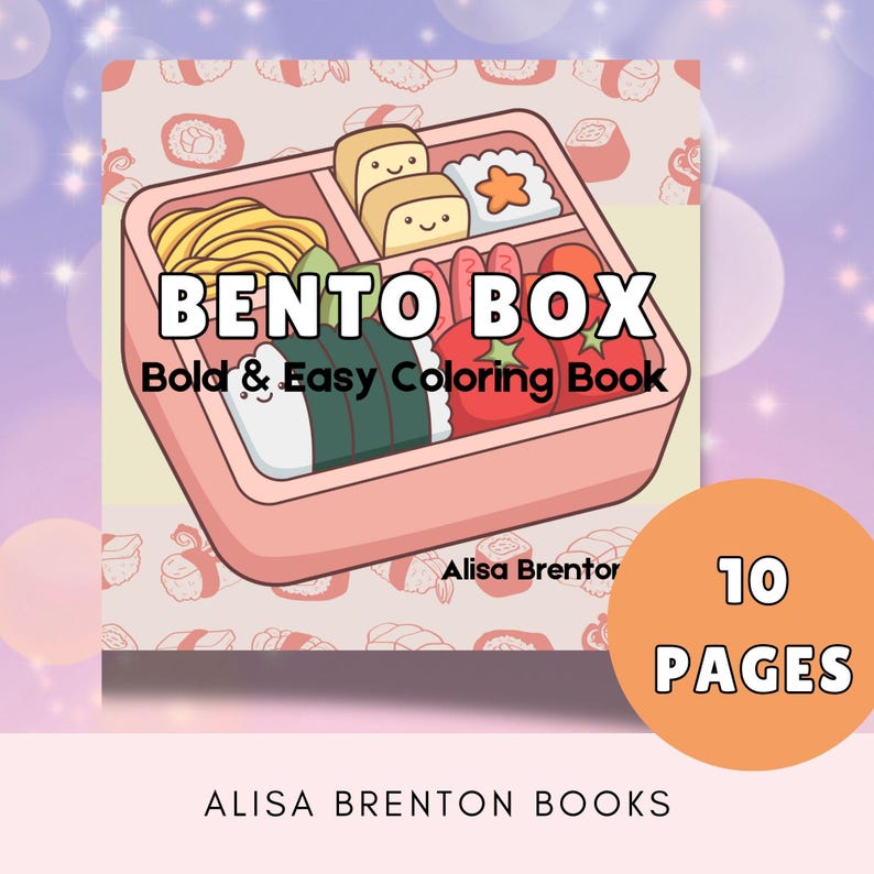 May include: A pink and white bento box colouring book with a cartoon illustration of a bento box filled with food. The title of the book is "Bento Box Bold & Easy Colouring Book" and the author is "Alisa Brentor". The book has 10 pages.