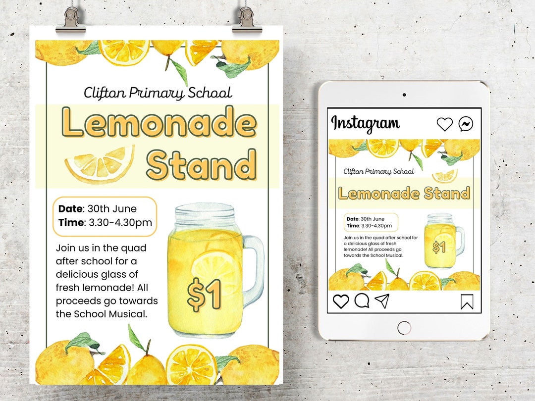 Lemonade Stand Flyer and Instagram Template Lemonade Poster School Fundraising Lemonade