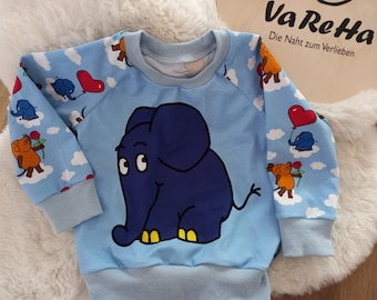 Pullover in size 74 to 86 with panel elephant and AO fabric mouse and elephant in blue