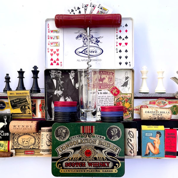 Man Cave, Vintage, Found Objects, Bar Art, Assemblage, Wall Art, Collage, featuring Cigars, Poker, Chess, Liquor, and Beer