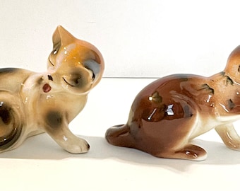 Vintage Pair of Japanese Porcelain Cats Grooming Themselves