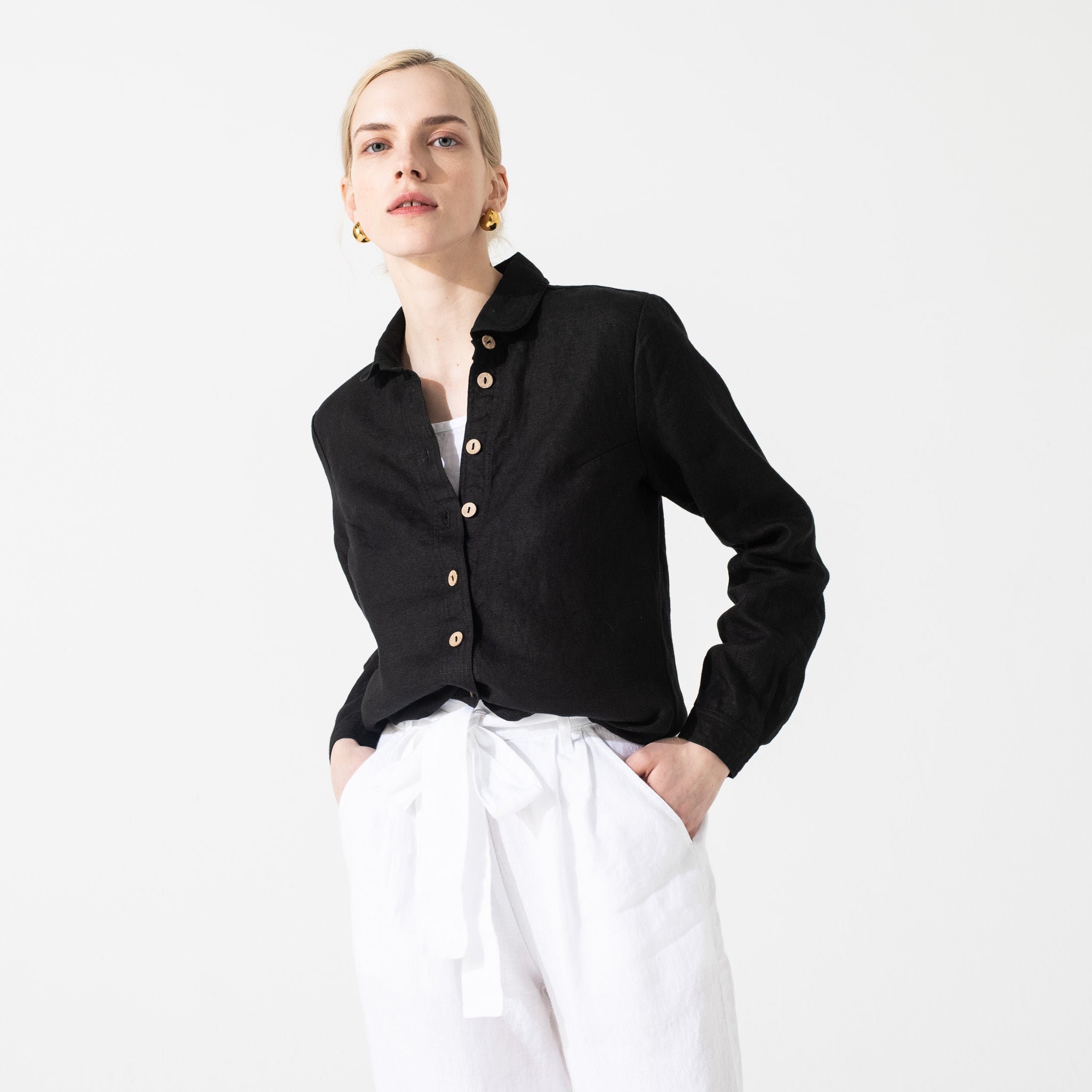 shop Linen Collar Shirt | Women Black Linen Dress Shirts | Women Long ...