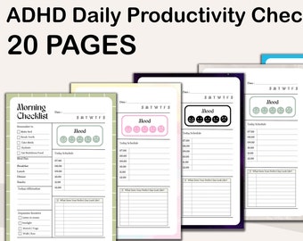 May include: A set of five printable daily productivity checklists designed for people with ADHD. Each checklist includes a mood tracker, a daily schedule, and space for notes. The checklists are printed on different colored backgrounds.