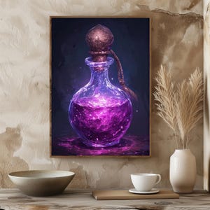 May include: A framed print of a glass potion bottle filled with a vibrant purple liquid. The bottle has a brown stopper and a rope detail. The artwork has a fantasy theme, with a dark background and a wooden frame.