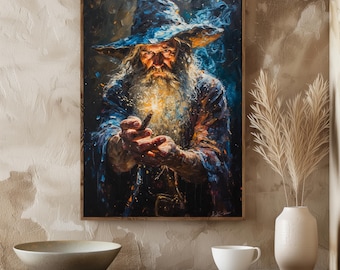 Wizard Casting Spell Digital Art – Printable Fantasy Wall Decor for Magic Lovers