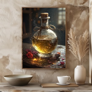 Elixir of Embers – Magical Golden Potion Print | Fantasy Digital Art | Witchcore Decor | Spell Bottle Wall Art