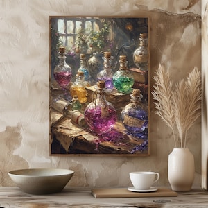May include: A framed print featuring a collection of glass potion bottles with cork stoppers. The bottles contain colorful liquids in shades of pink, purple, green, and yellow. The scene is set on a wooden table with books and a scroll.
