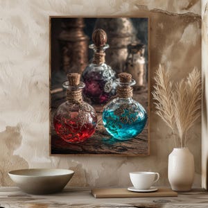Mystic Potion Trio Digital Art | Fantasy Elixir Wall Print | Witchy Apothecary Bottle Decor | Red Blue Purple Vials Download