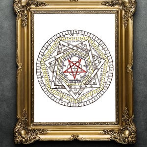 May include: A framed print of a pentagram with a circle around it. The circle is divided into sections with numbers and letters. The pentagram is red and yellow, and the circle is black and white.