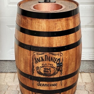 Bourbon Whiskey Barrel Bar Sink with custom logo, custom finish and unique copper sink